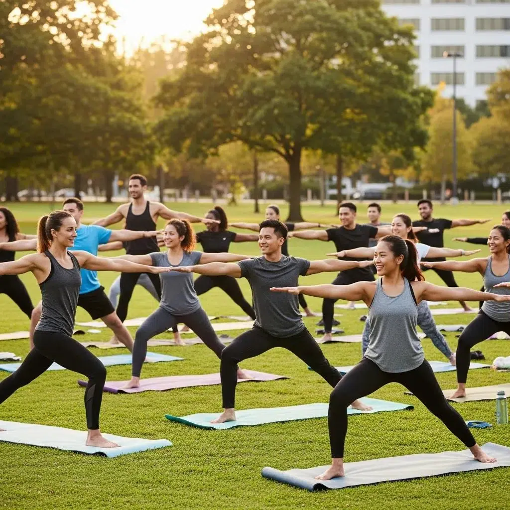 Employees participating in a wellness program outdoors, promoting health and well-being