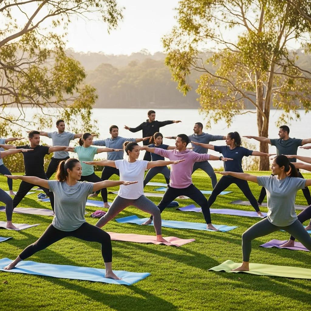 Employees participating in a wellness program outdoors, promoting mental and physical health