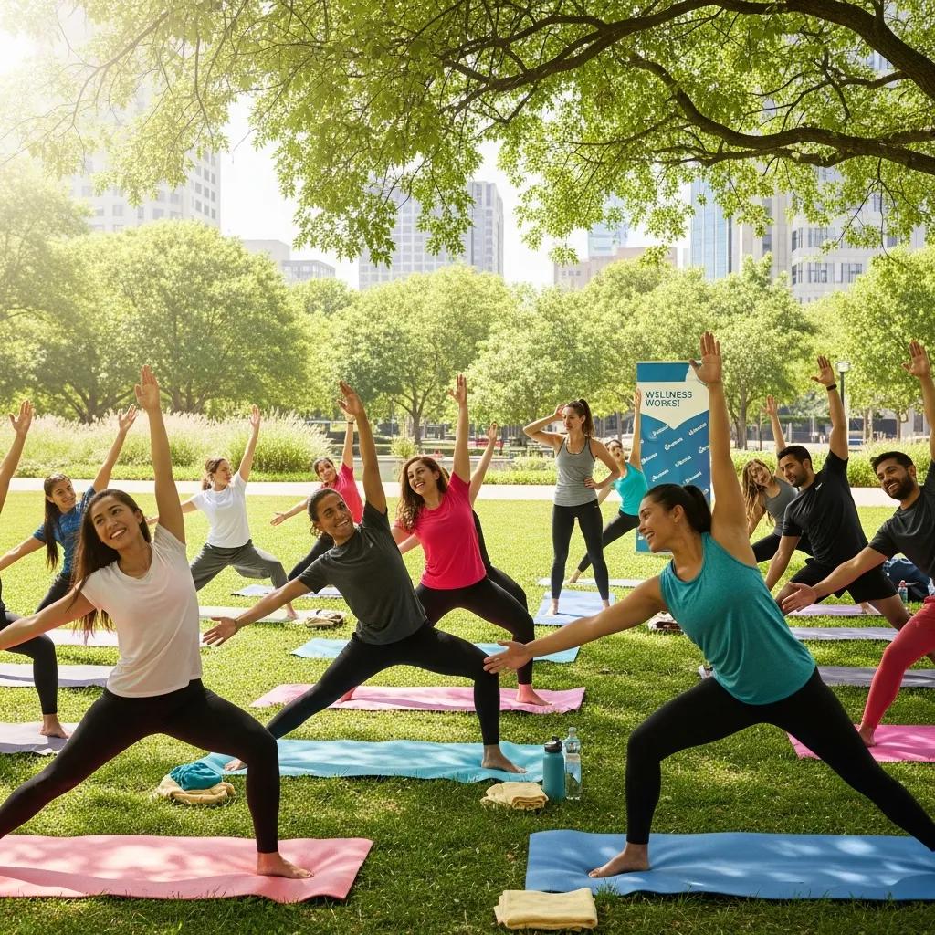 Group of diverse employees participating in an outdoor wellness program, engaging in yoga exercises on colorful mats, promoting health and employee engagement.