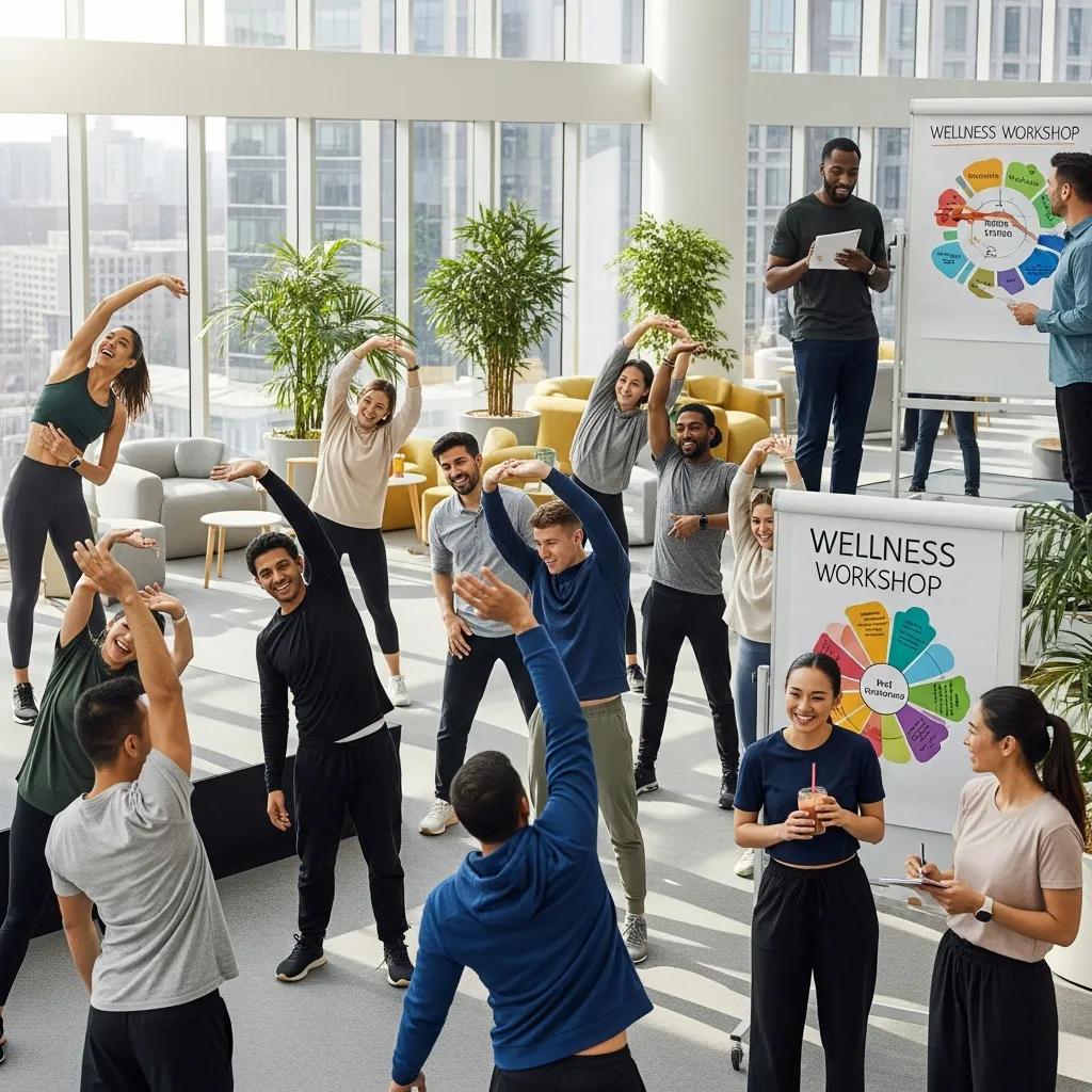 Employees participating in a workplace wellness program and stretching during a workshop, promoting health and