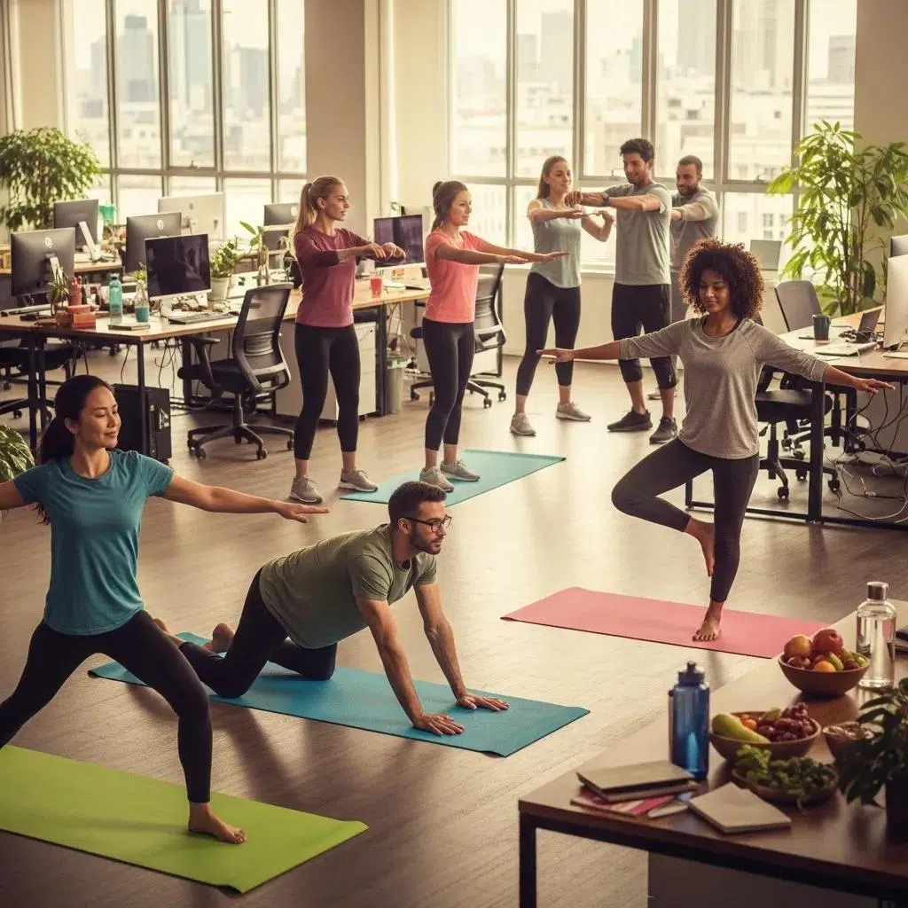 Employees participating in wellness activities in a positive workplace environment