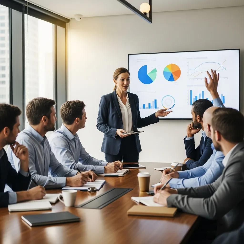 Employer presenting health plan strategies to employees, emphasizing engagement and discussion