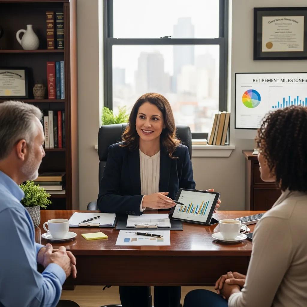 Financial advisor discussing retirement benefits plans with a couple in an office