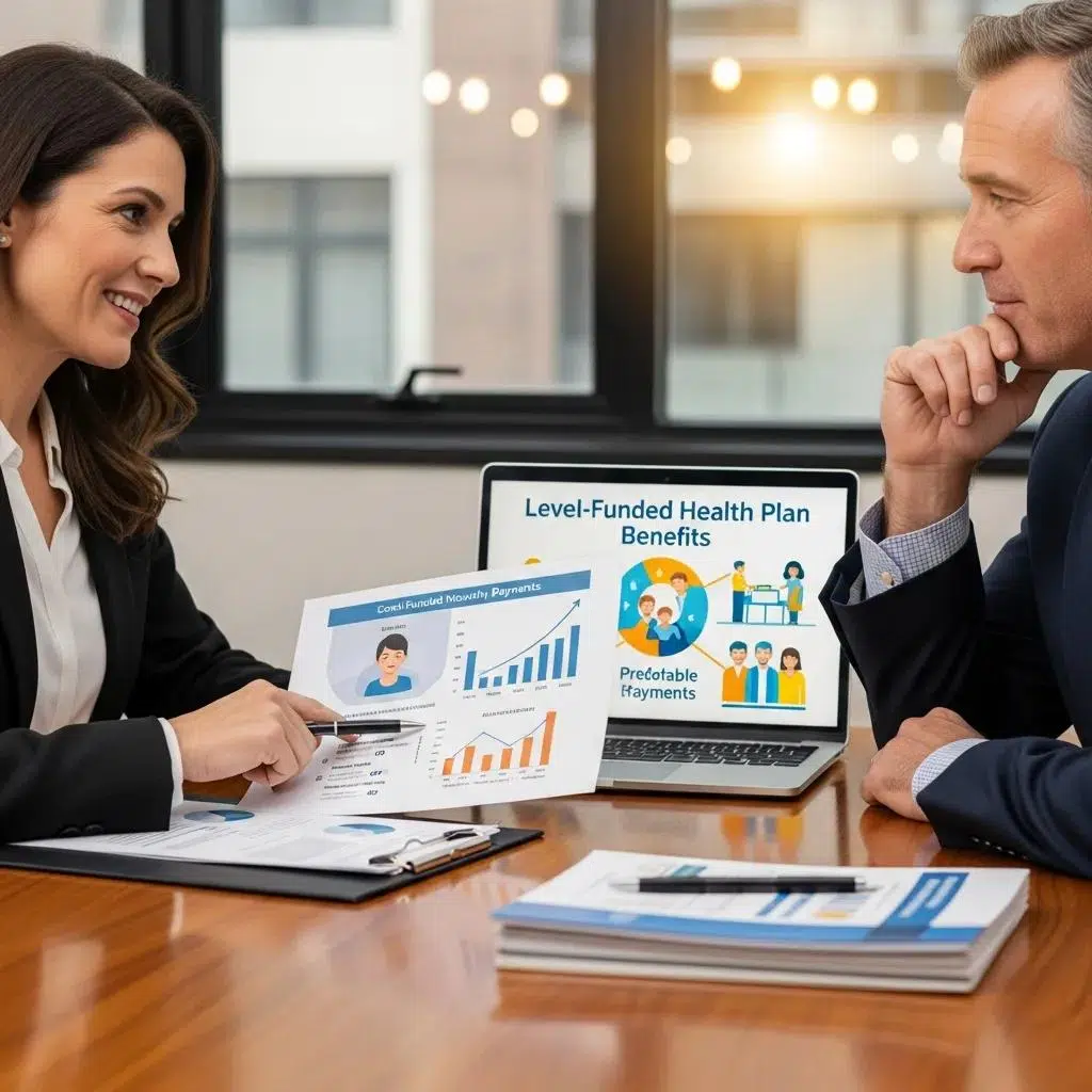 Financial planner discussing advantages of level-funded health plans with employer
