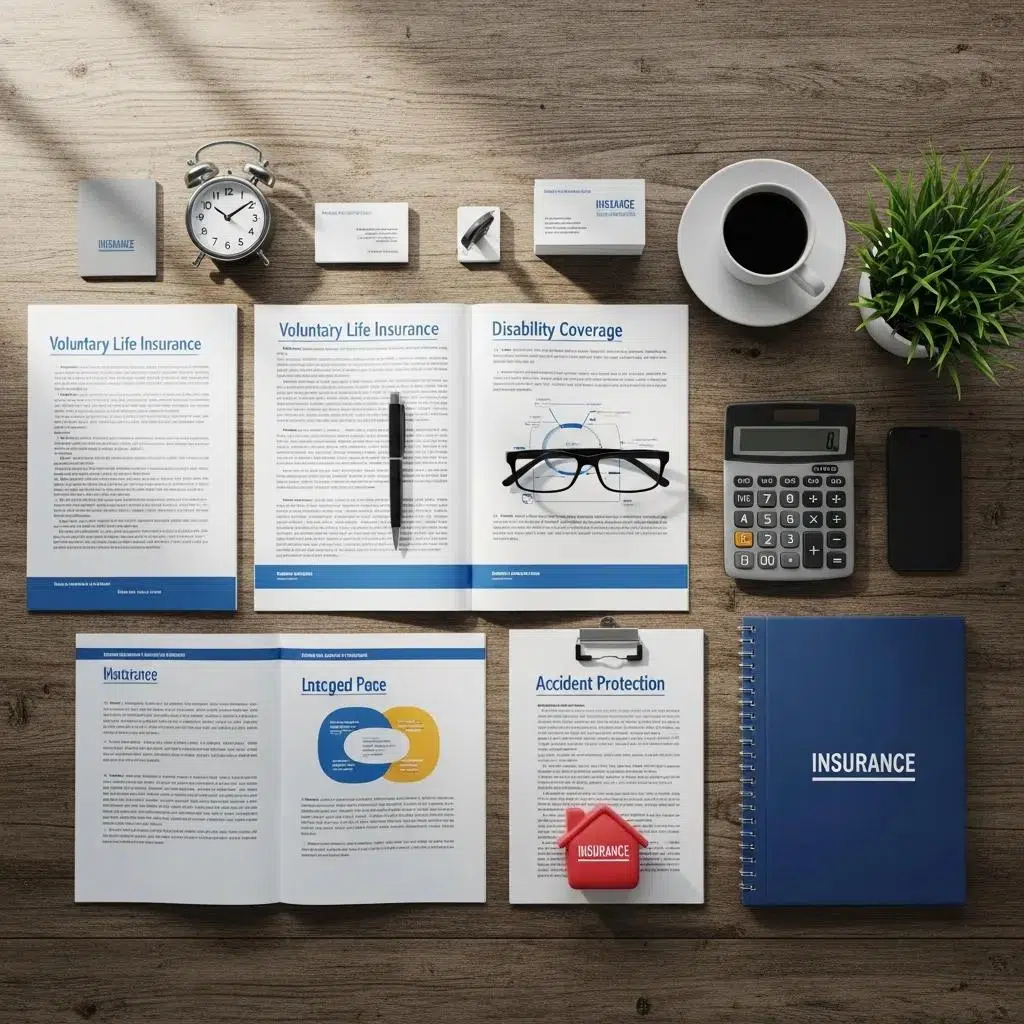 Flat lay of insurance documents and tools representing voluntary insurance plans