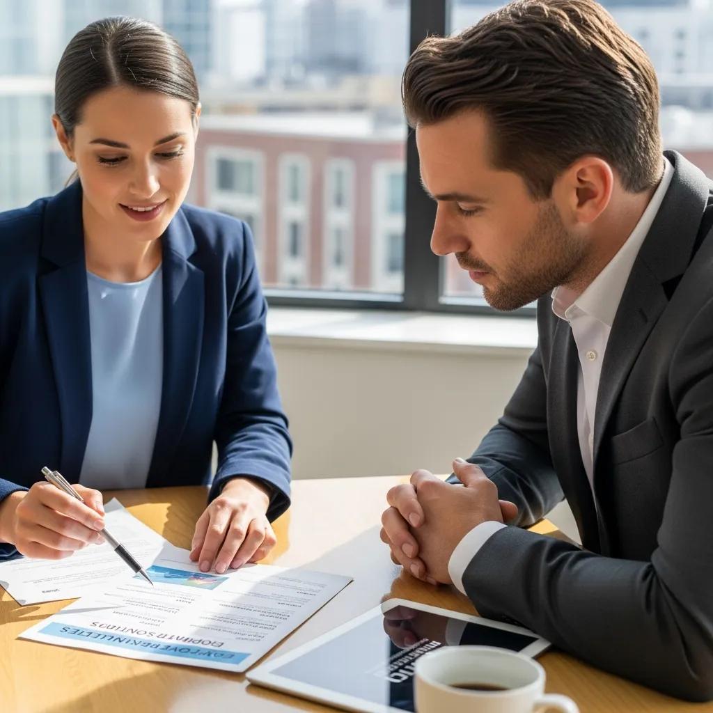Group benefits advisor presenting benefits options to a business owner in a professional office