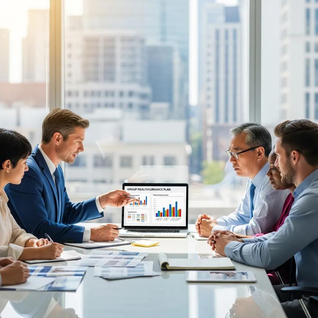 Business meeting with group health insurance broker presenting data on healthcare plans, discussing cost-saving strategies for Michigan employers.