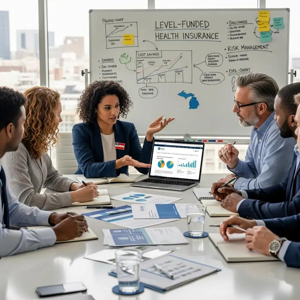 Group of Michigan employers discussing level-funded health insurance options in a modern office setting