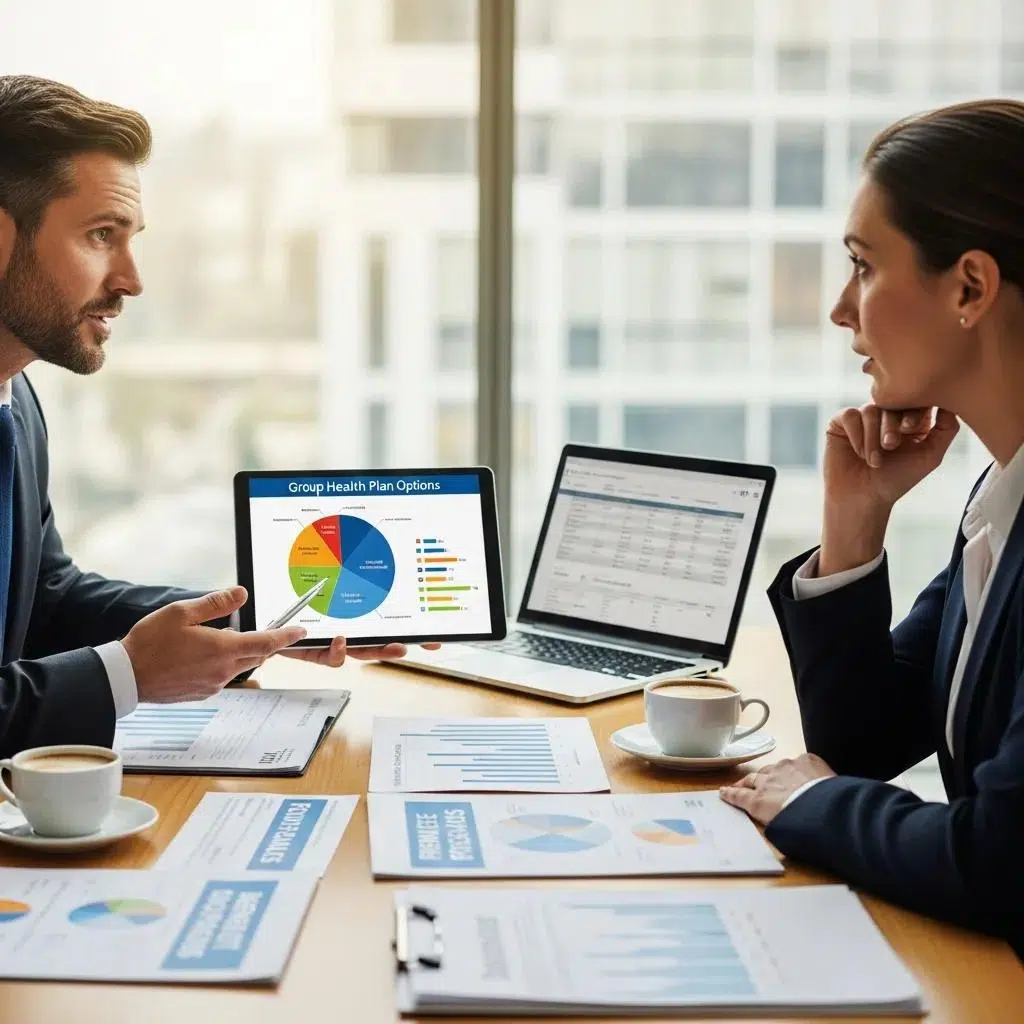 Health insurance broker presenting group health insurance options to a business owner