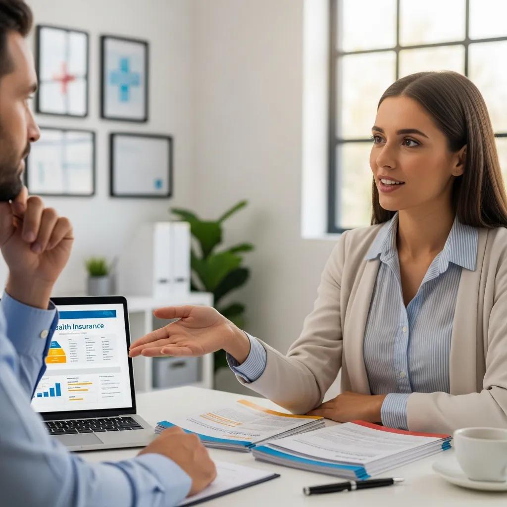 Healthcare professional discussing group health insurance options with a business owner