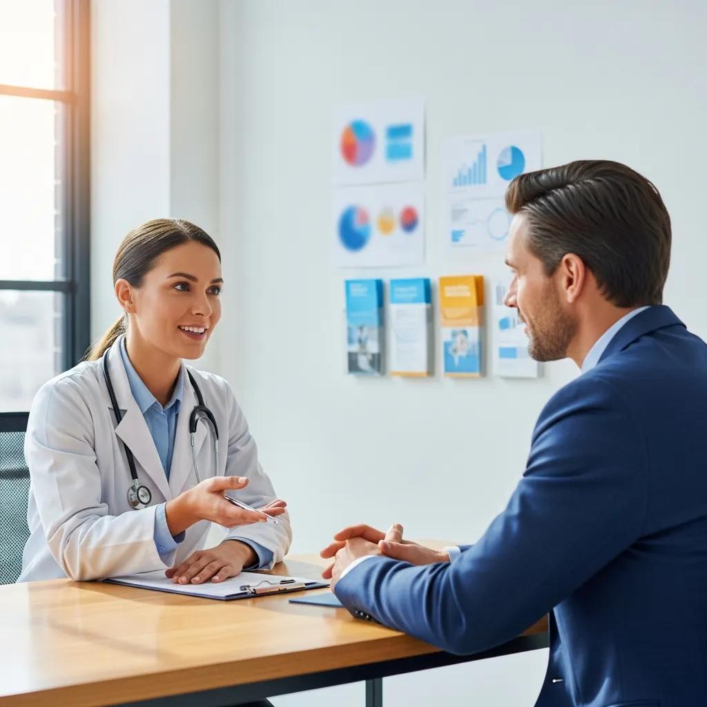 Healthcare professional discussing health insurance options with a small business owner in an office setting, highlighting the importance of consulting services for compliance with employee benefits regulations.