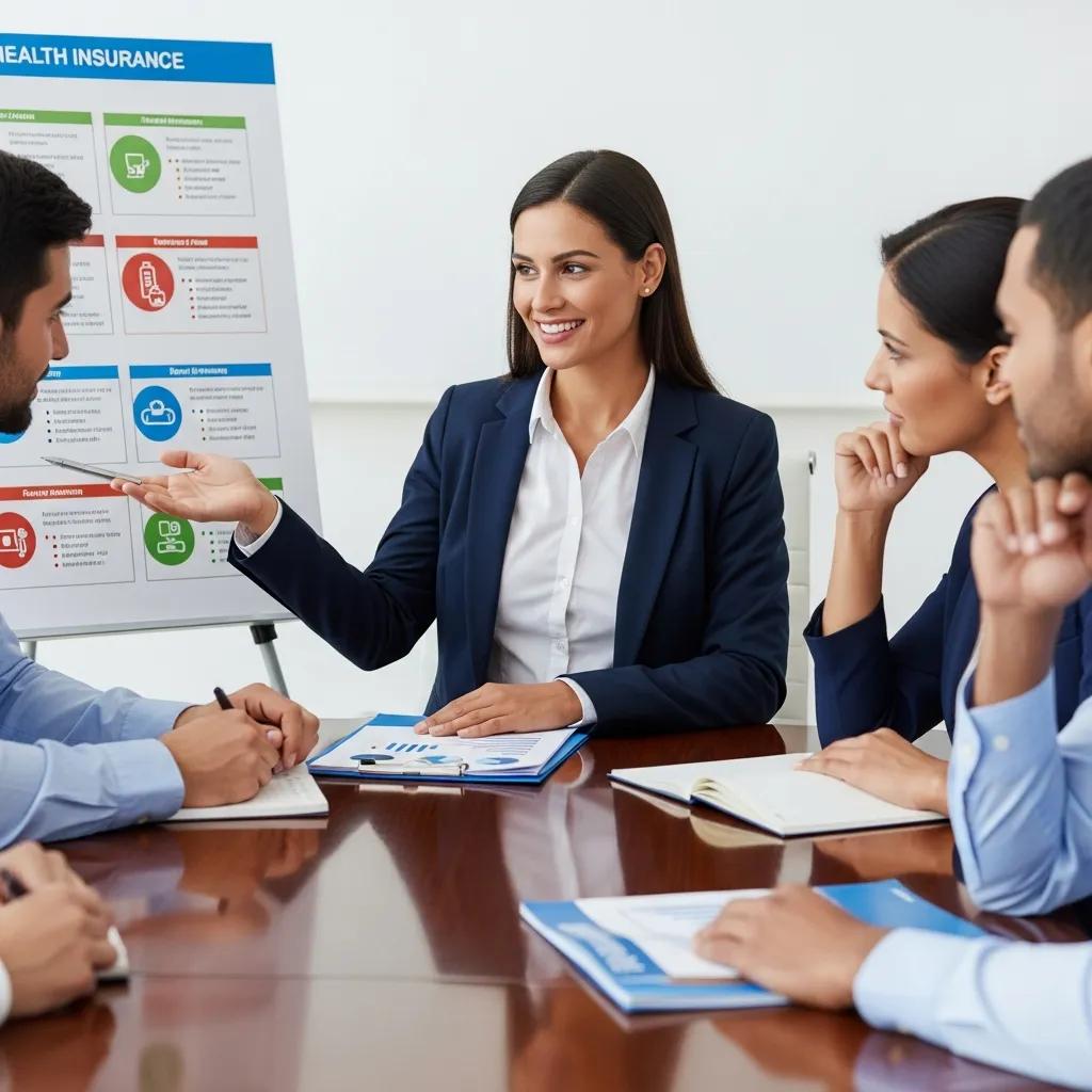 Healthcare professional explaining health insurance options to employees in a conference room