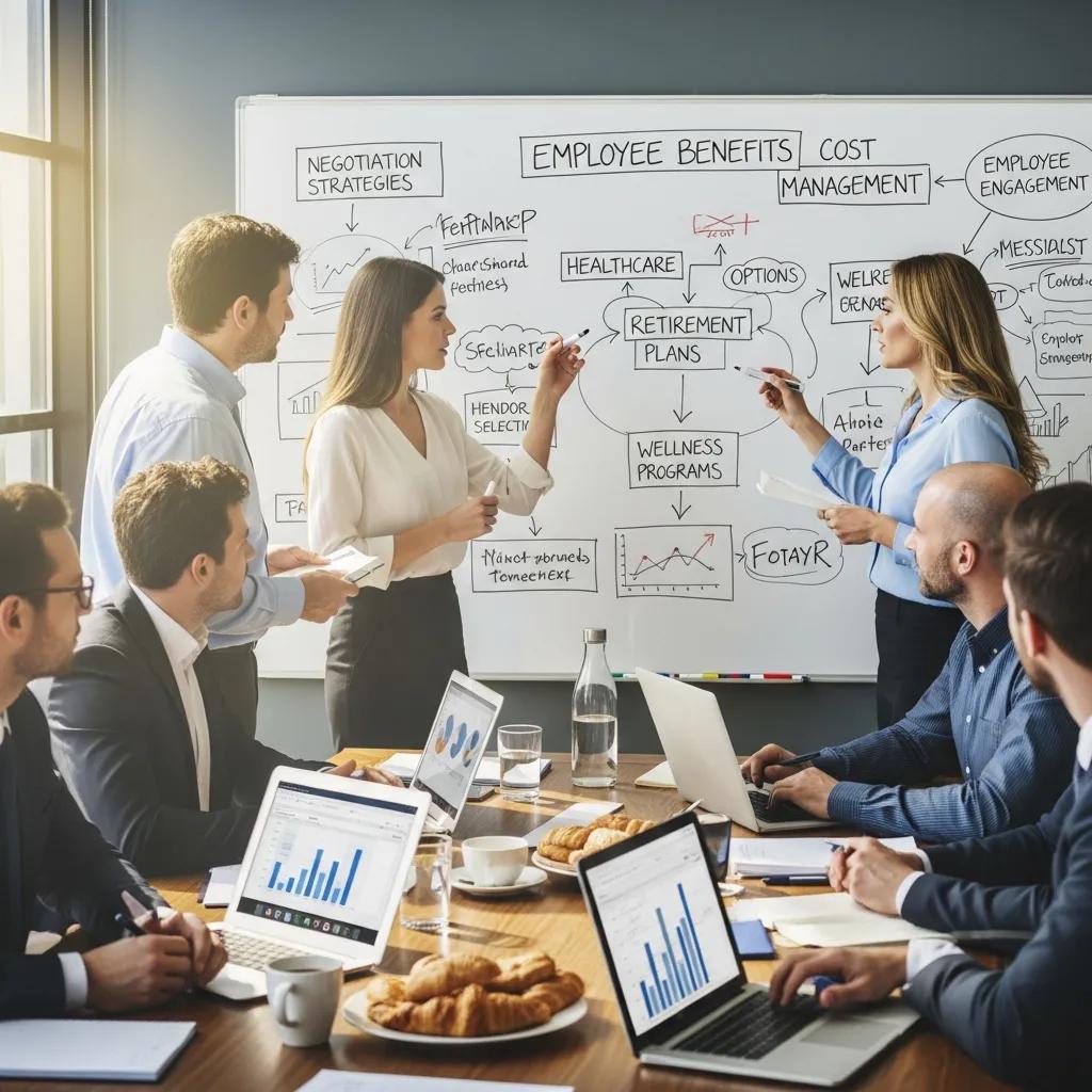 HR professionals brainstorming employee benefits cost management strategies in a collaborative setting