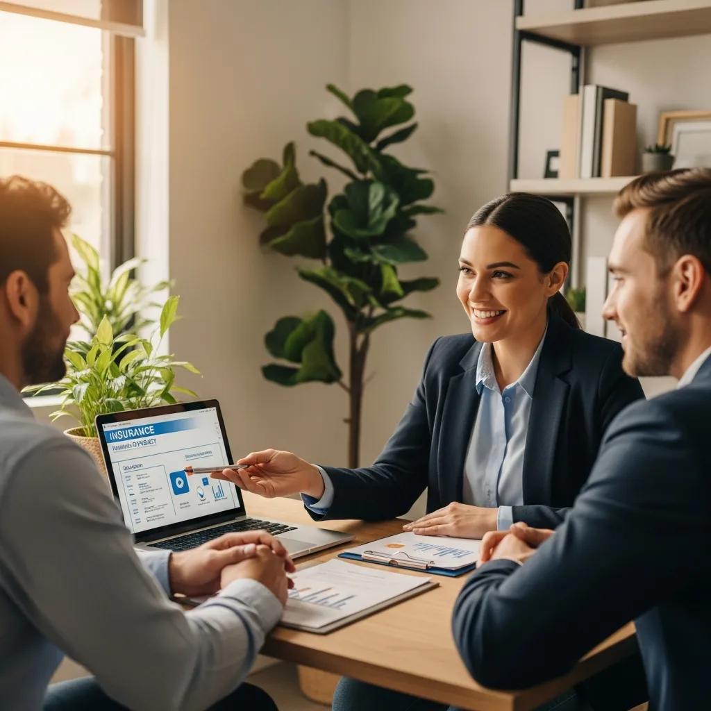 Independent insurance broker consulting with business owners in a cozy office, discussing tailored insurance solutions, with a laptop displaying insurance data and charts.