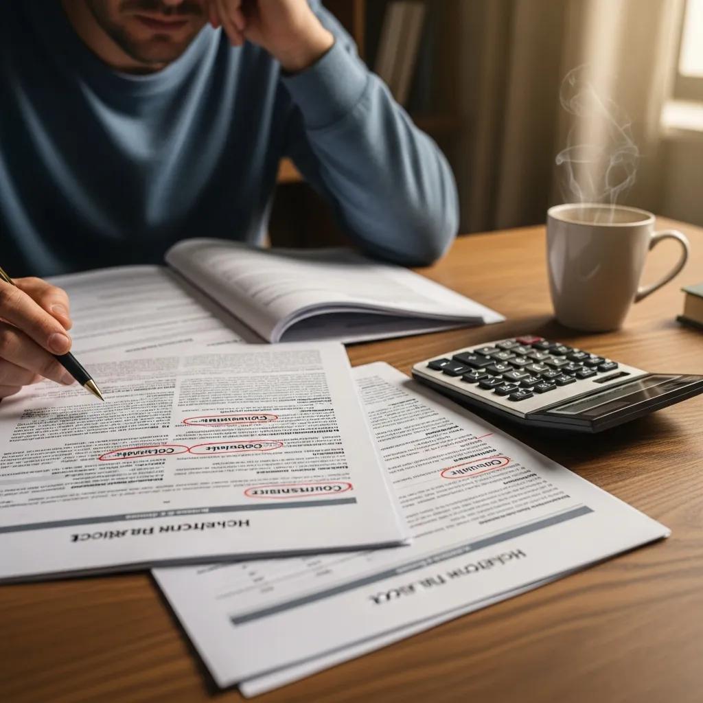 Individual reviewing health insurance documents, highlighting the complexity of deductibles and copays