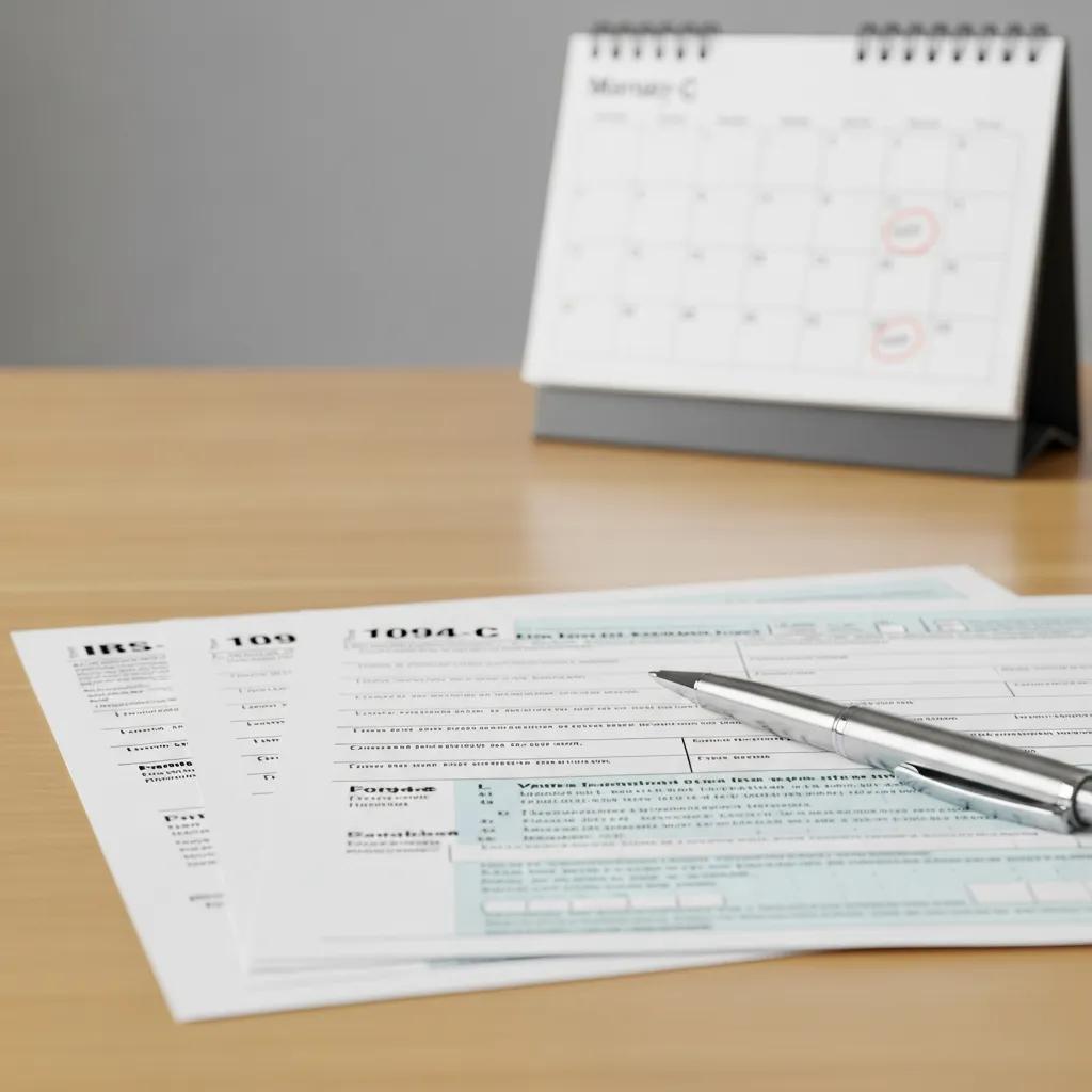 IRS Forms 1094-C and 1095-C for ACA reporting, pen and calendar on desk.