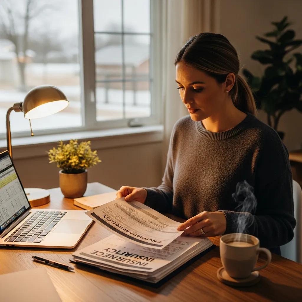 Woman reviewing commercial property insurance documents in a cozy office with a laptop and coffee, emphasizing the importance of insurance for Michigan businesses.
