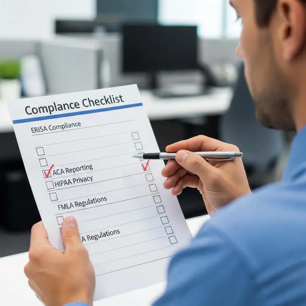 Professional reviewing compliance checklist for employee benefits in Michigan