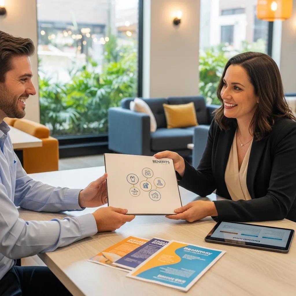 Satisfied employee receiving a tailored benefits package from a consultant