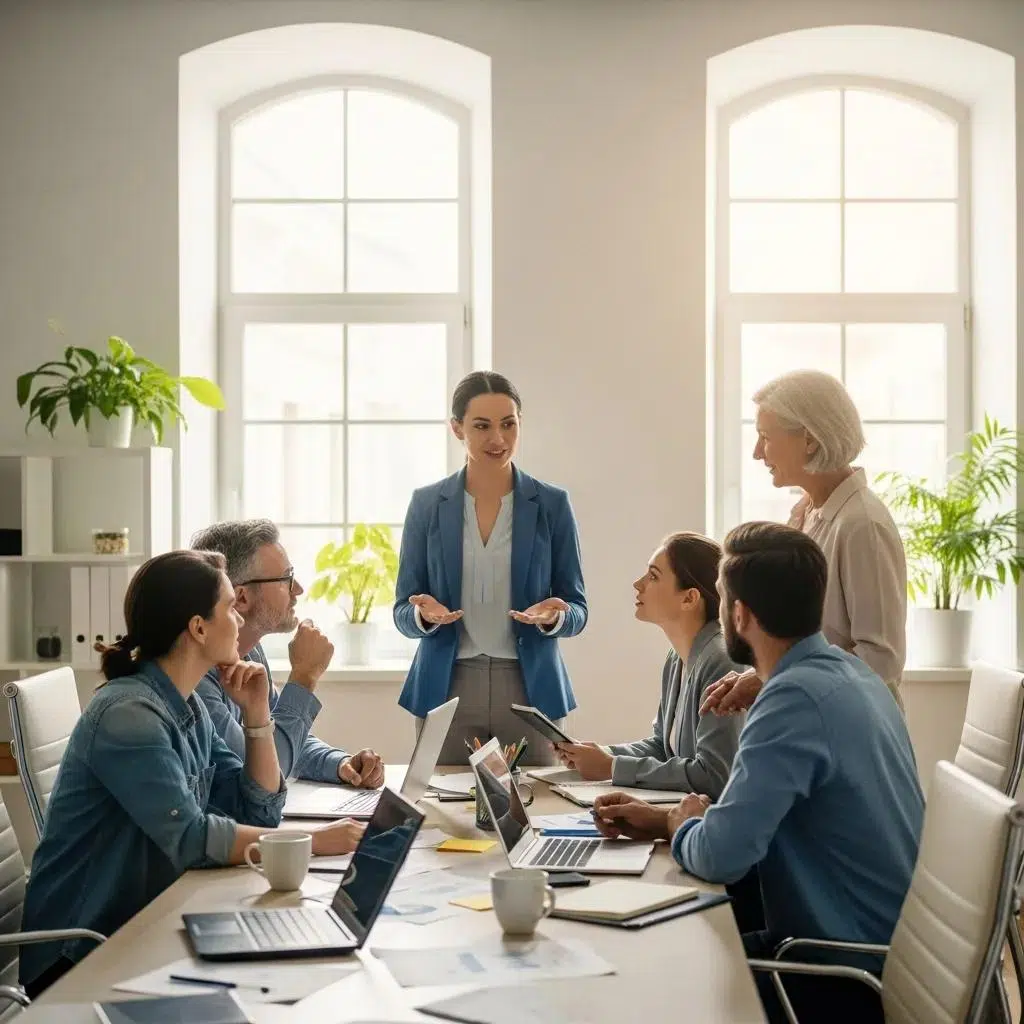 Small business owner discussing health benefits options with employees in a modern office setting, emphasizing ICHRA and employee engagement.