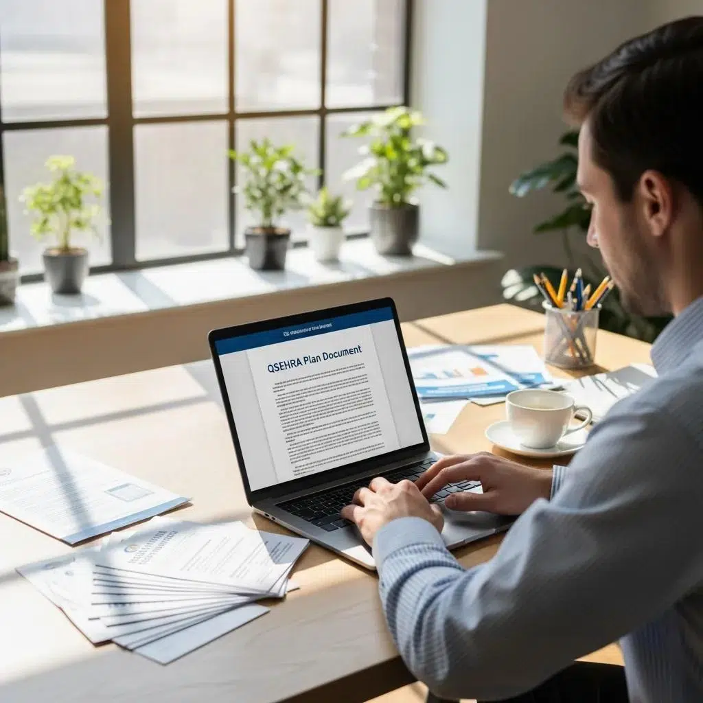 Small business owner drafting a QSEHRA plan document in a professional workspace