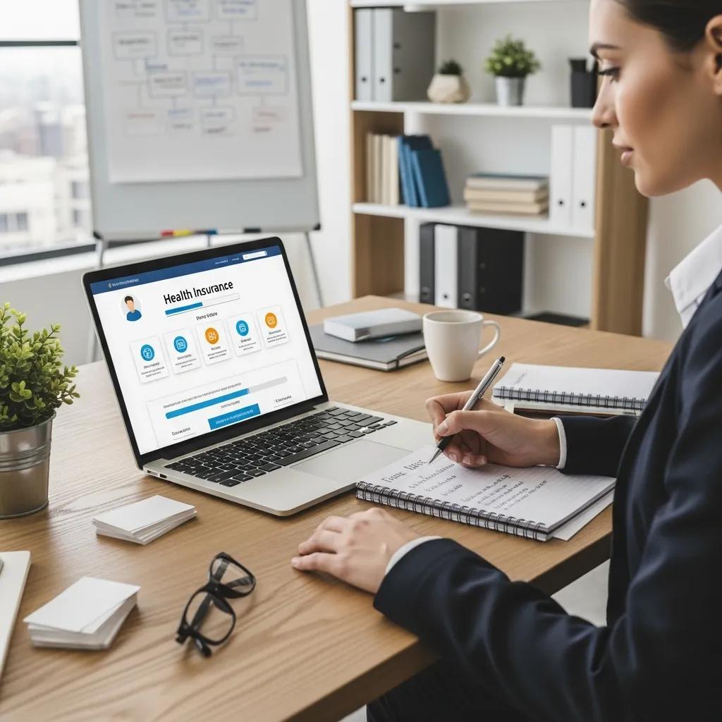 Small business owner navigating health insurance enrollment options on a laptop