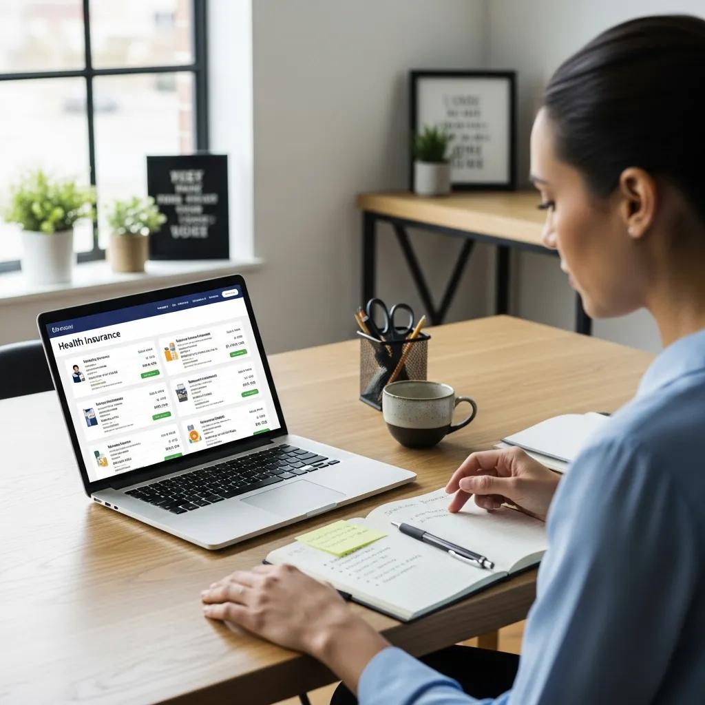 Small business owner reviewing affordable health insurance options on a laptop