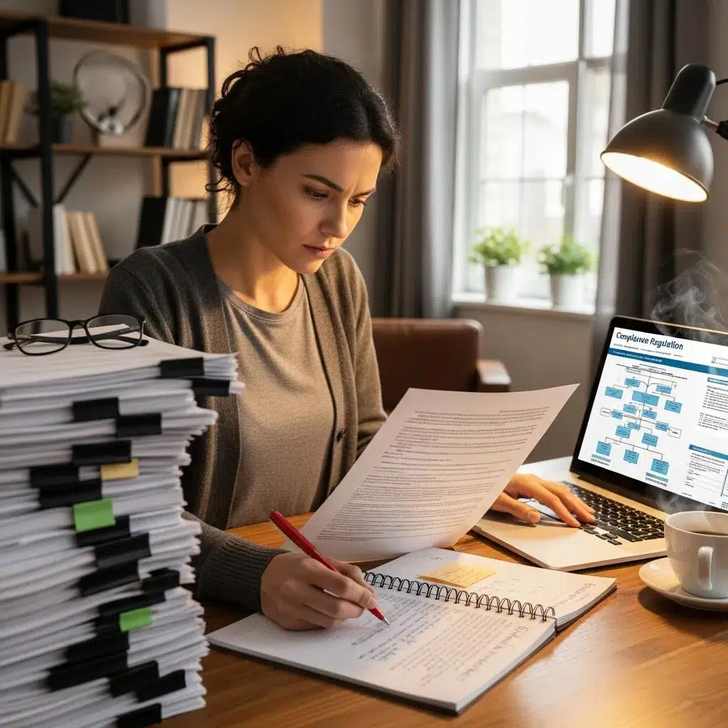 Small business owner reviewing compliance regulations for employee benefits