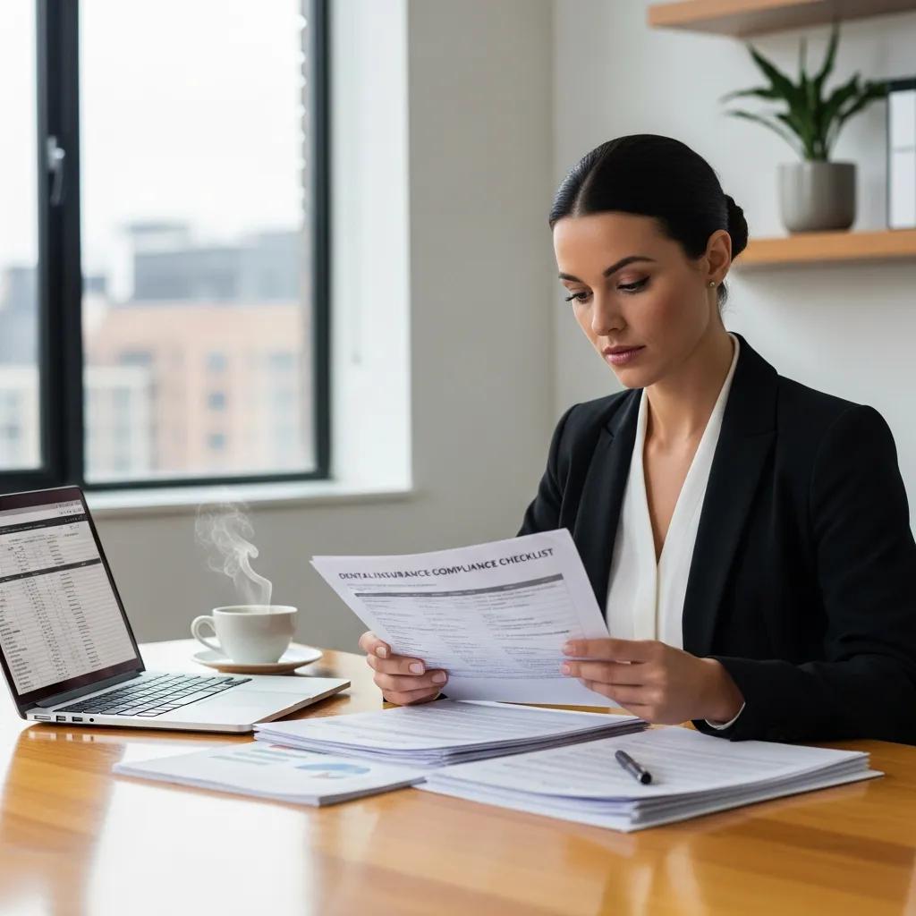 Small business owner reviewing dental insurance compliance documents in an office
