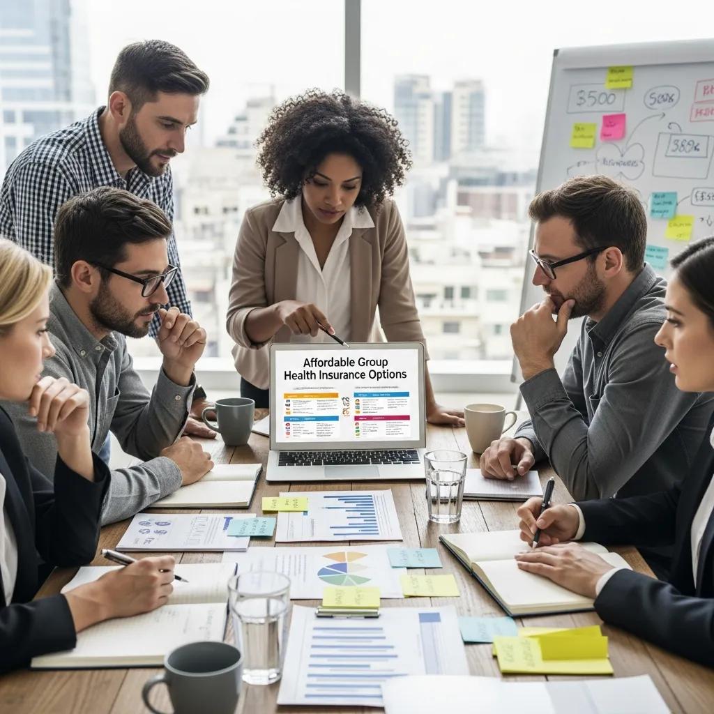 Small business team discussing affordable group health insurance options