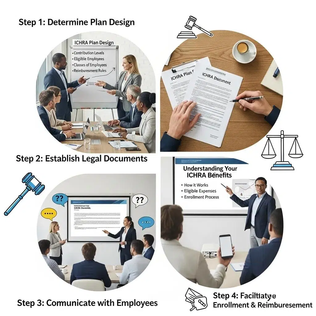 Small business team discussing steps to implement an ICHRA plan, including plan design, legal documents, employee communication, and enrollment processes.