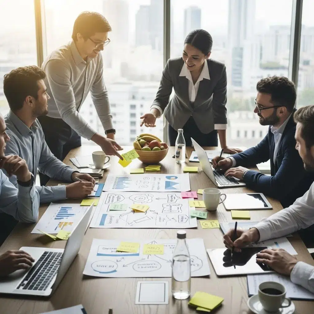 Team brainstorming customized employee benefits packages in a collaborative workspace