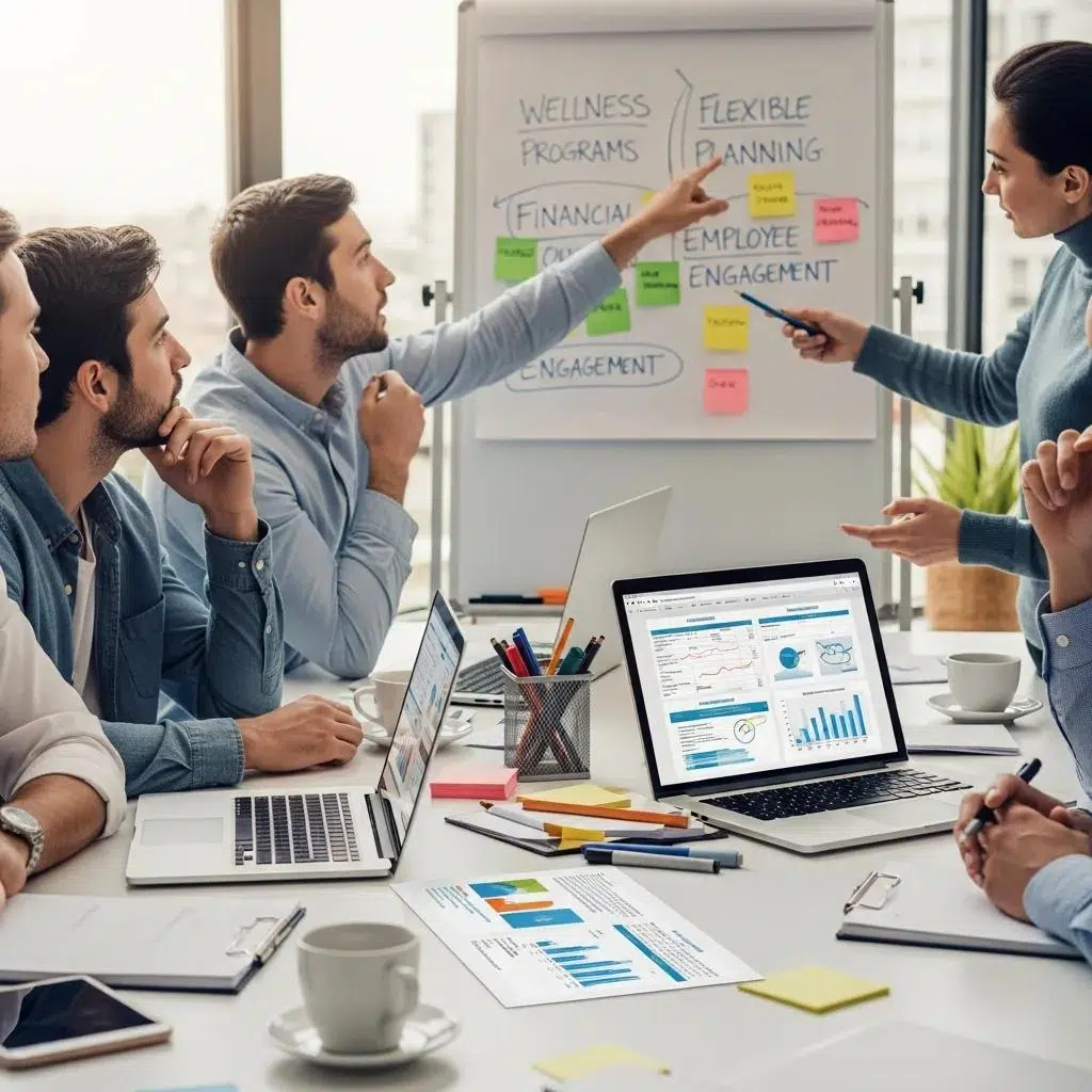 Team brainstorming strategies for implementing voluntary benefits in a modern office