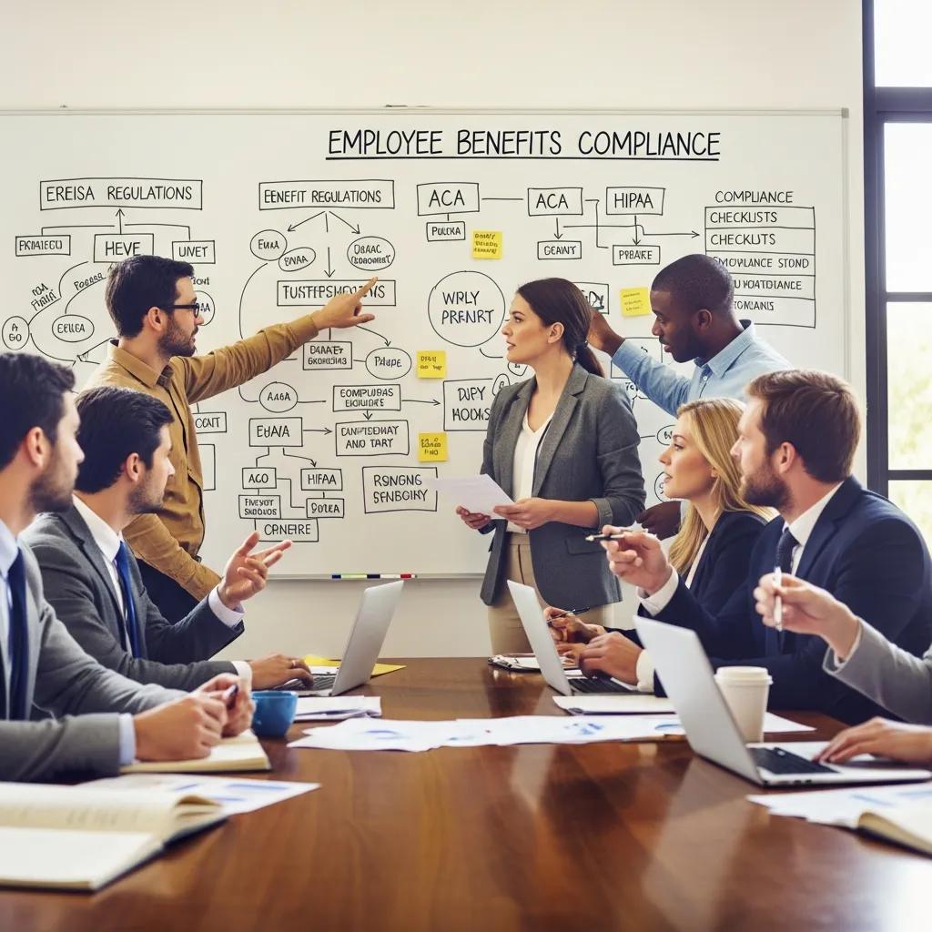 Team discussing best practices for employee benefits compliance in a collaborative meeting