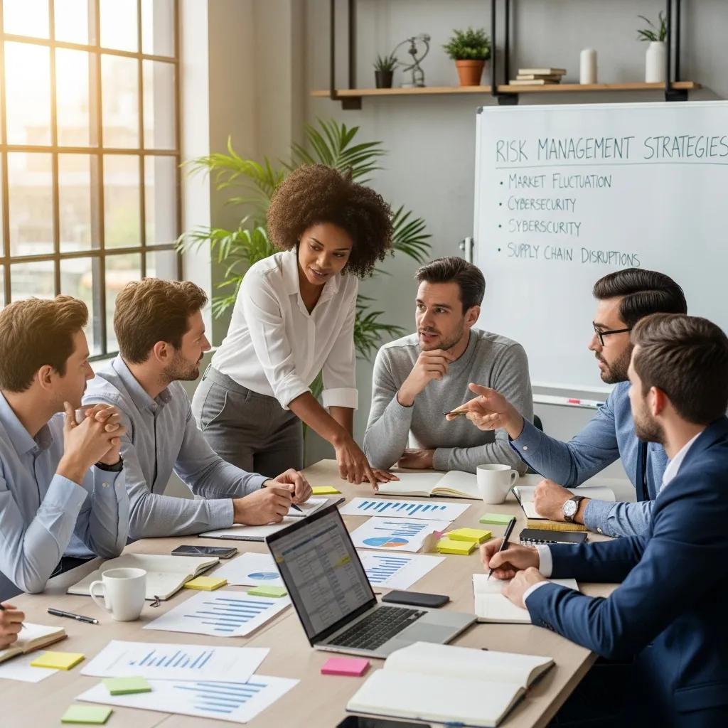 Team of Michigan business professionals brainstorming risk management strategies, including market fluctuation, cybersecurity, and supply chain disruptions, with charts and notes on the table.