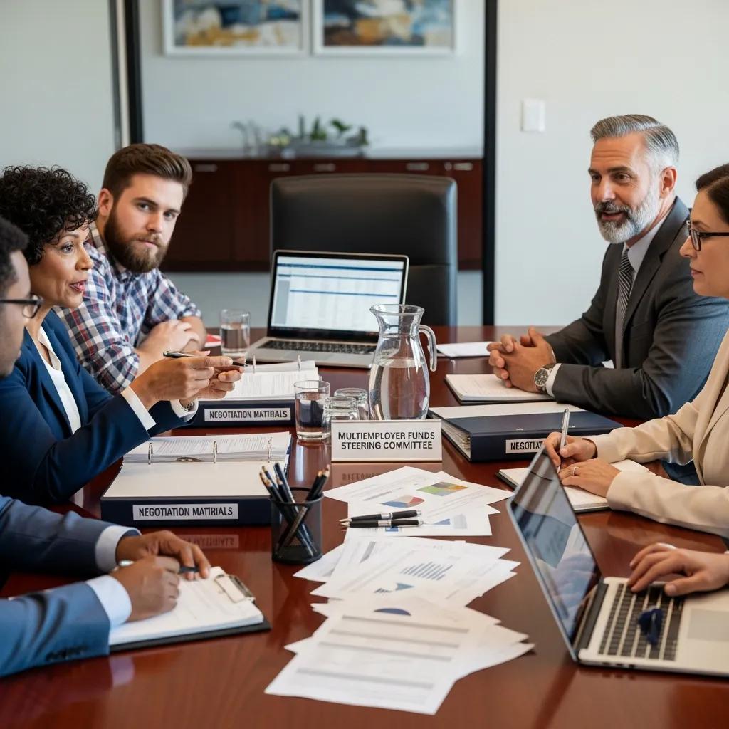 Union representatives and employers discussing governance in a boardroom setting