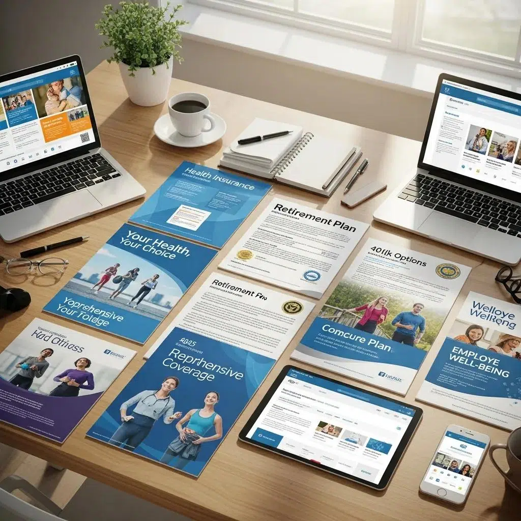 Variety of employee benefits brochures showcasing customized plans for employers
