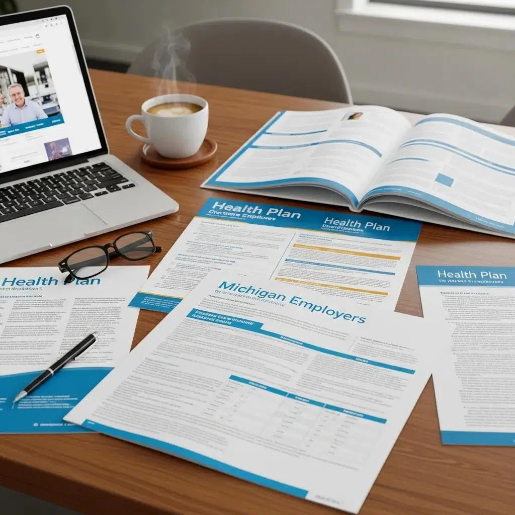 Variety of health plan brochures and documents on a table with a laptop