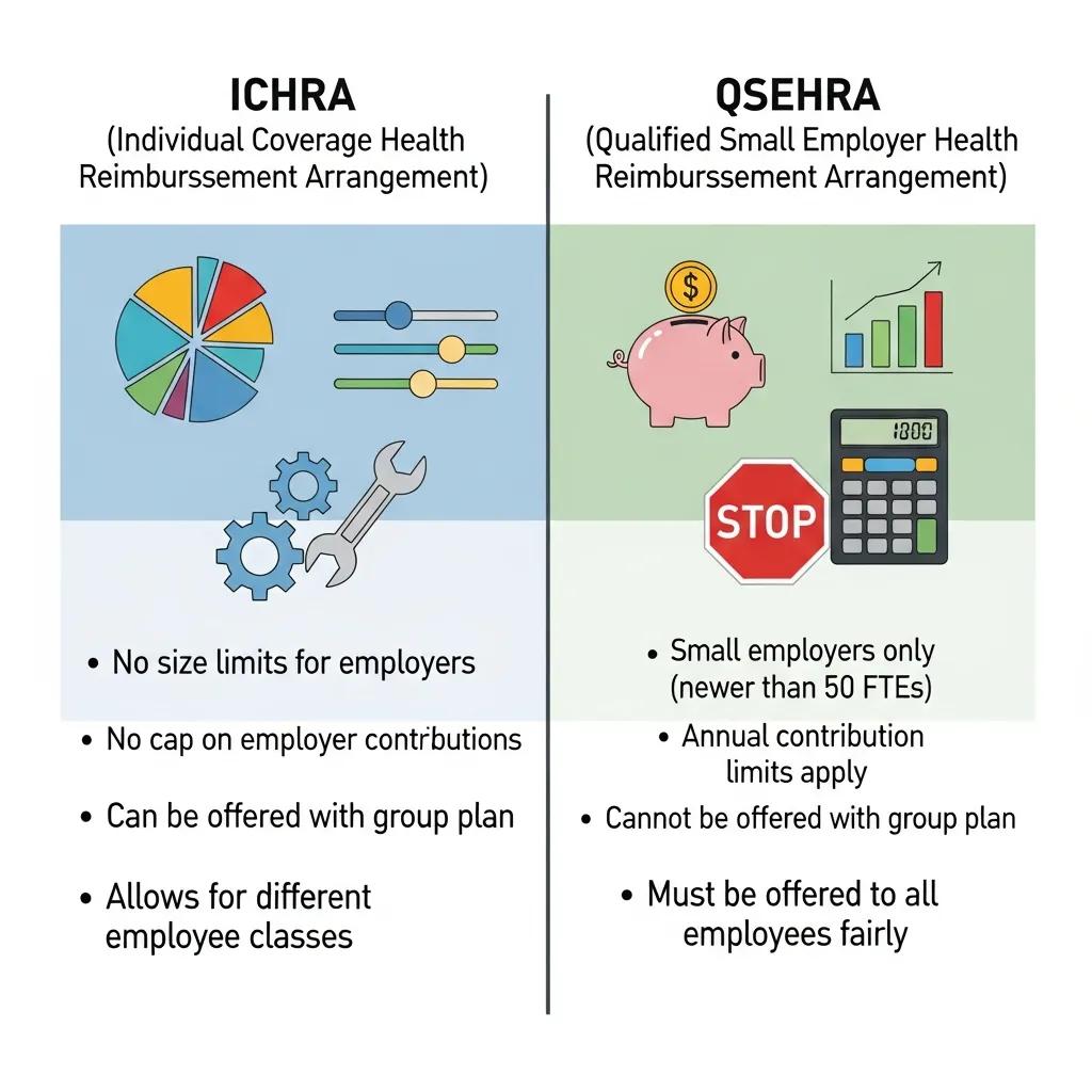 ICHRA vs QSEHRA visual comparison highlighting key differences in contribution limits and eligibility for Michigan