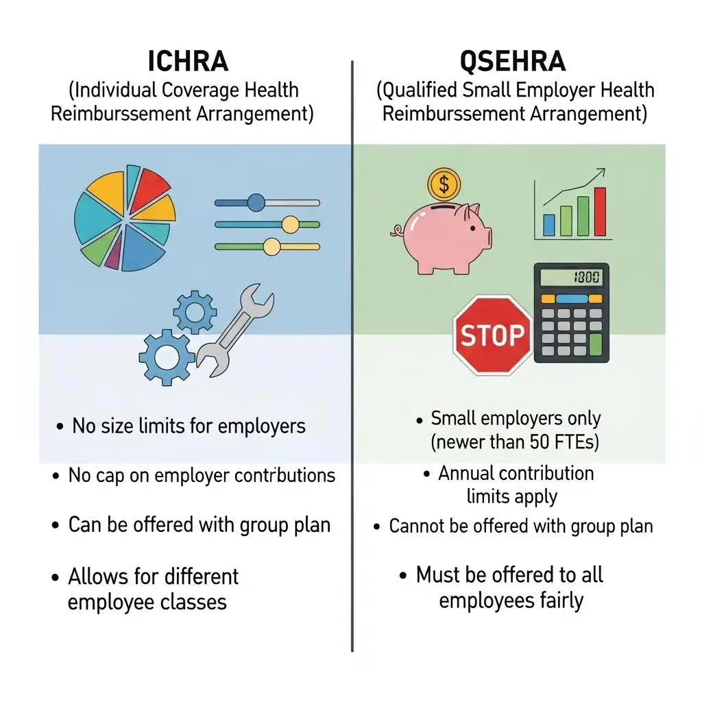Visual comparison of ICHRA (Individual Coverage Health Reimbursement Arrangement) and QSEHRA (Qualified Small Employer Health Reimbursement Arrangement) highlighting key differences: ICHRA allows no size limits for employers, no cap on contributions, and flexibility for different employee classes; QSEHRA is restricted to small employers with annual contribution limits and must be offered to all employees fairly.