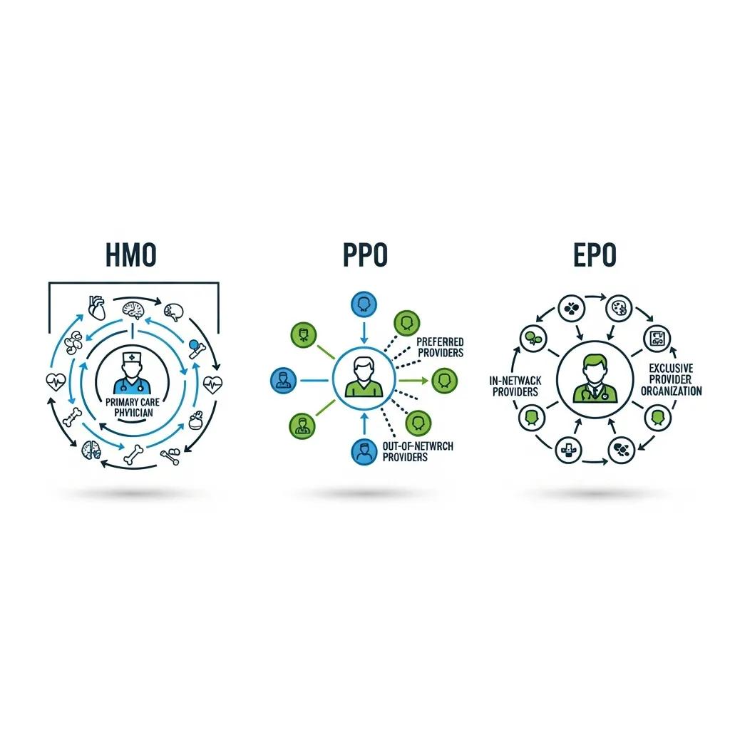 Visual representation of different group health insurance plans: HMO, PPO, EPO