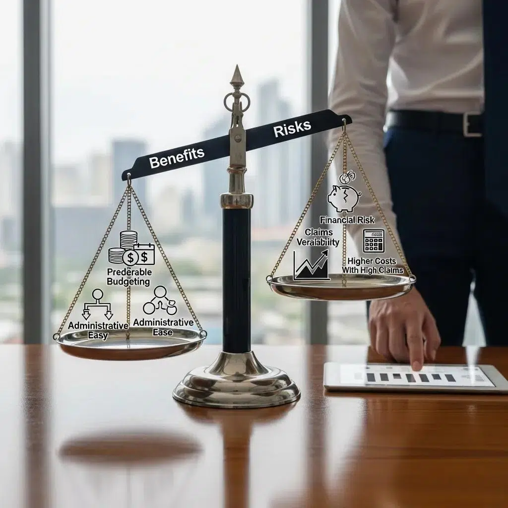 Visual representation of the benefits and risks of level-funded health insurance on a balanced scale