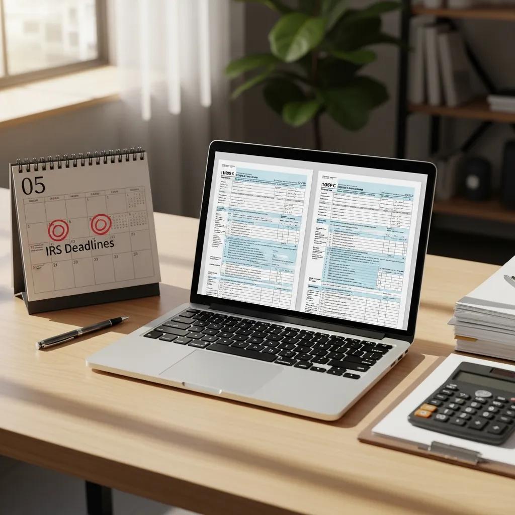Workspace featuring a laptop displaying IRS Forms 1094-C and 1095-C, a calendar marked with "IRS Deadlines," and a calculator, emphasizing healthcare compliance and reporting requirements for Michigan employers.