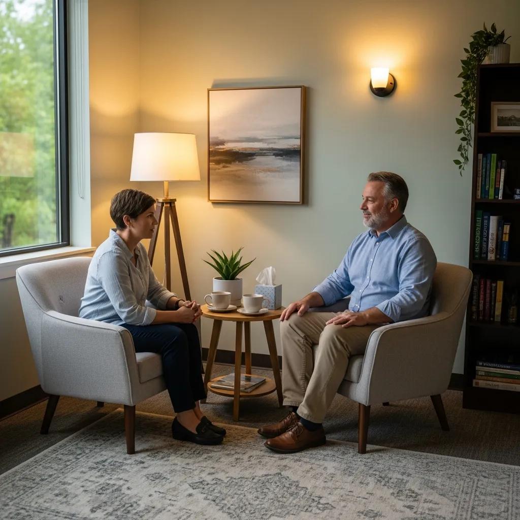 Employee discussing mental health with a counselor in a comfortable office setting, supporting workplace mental