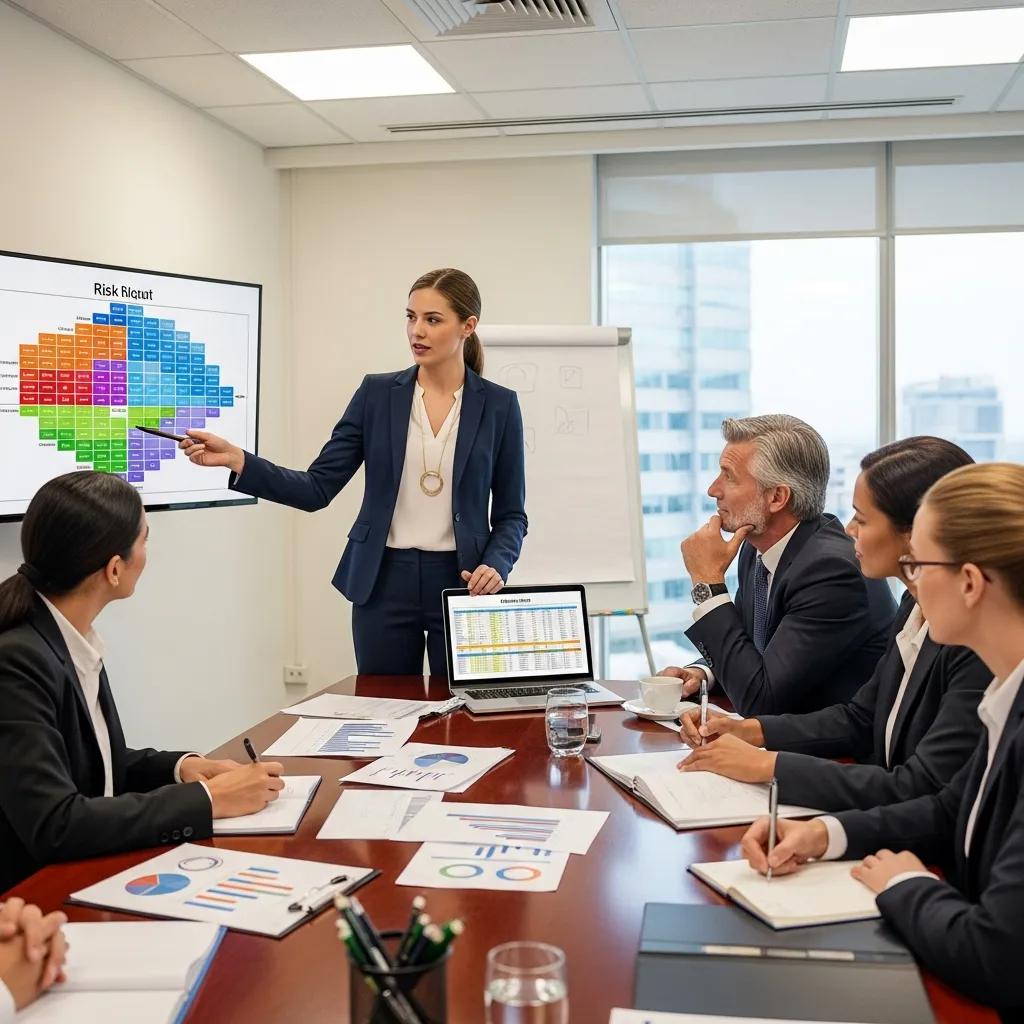 Business consultant presenting risk management strategies to professionals in a conference room