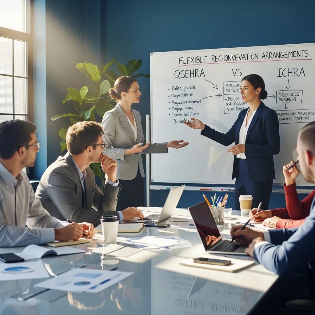 Business meeting discussing flexible reimbursement arrangements, focusing on QSEHRA and ICHRA