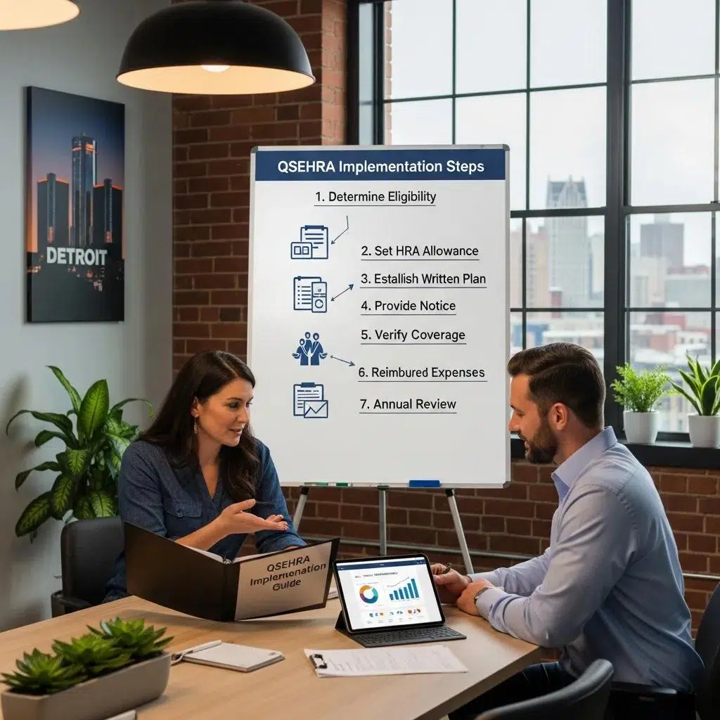 Business owner and broker discussing QSEHRA implementation steps in a Detroit office