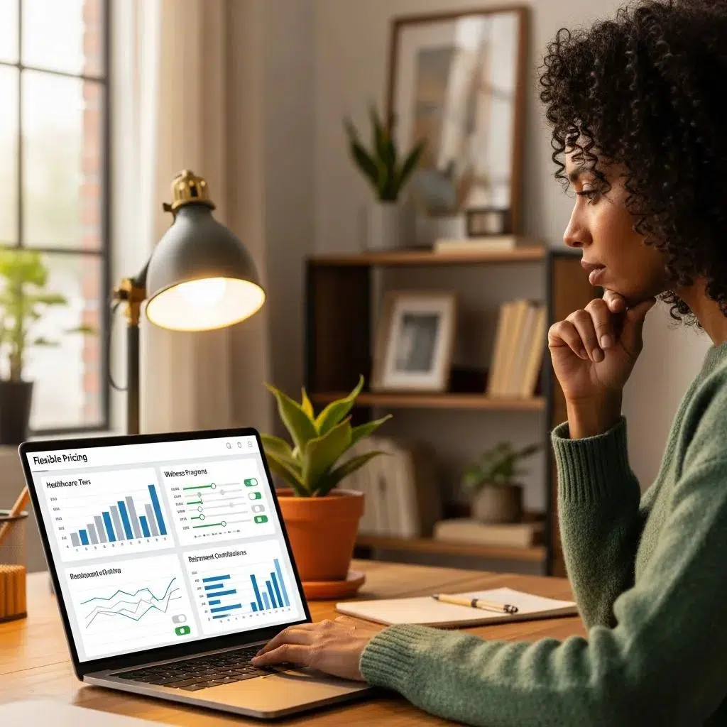 Business owner reviewing flexible pricing options for employee benefits on a laptop in a cozy office