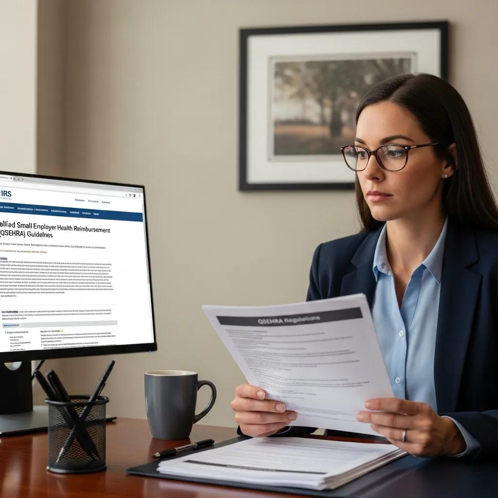 Business owner reviewing QSEHRA compliance documents at an office desk