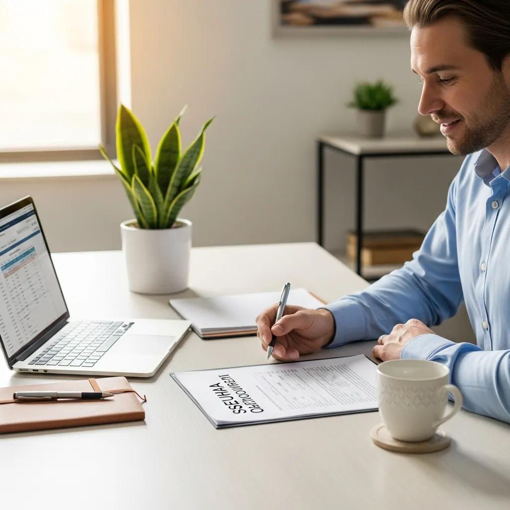 Business owner reviewing QSEHRA plan document at a desk with laptop and notepad